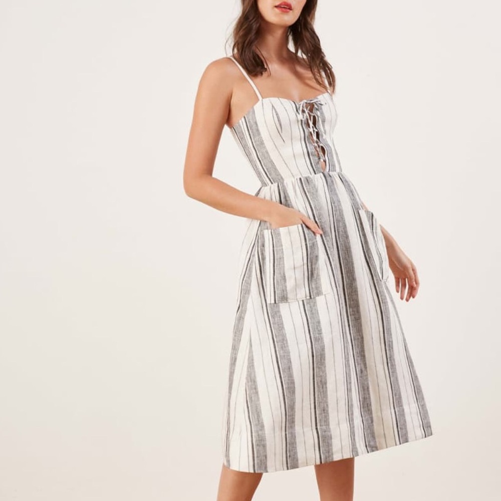 Perfect Linen Reformation Ellen Striped Lace-Up Midi Dress Feminine Flattering